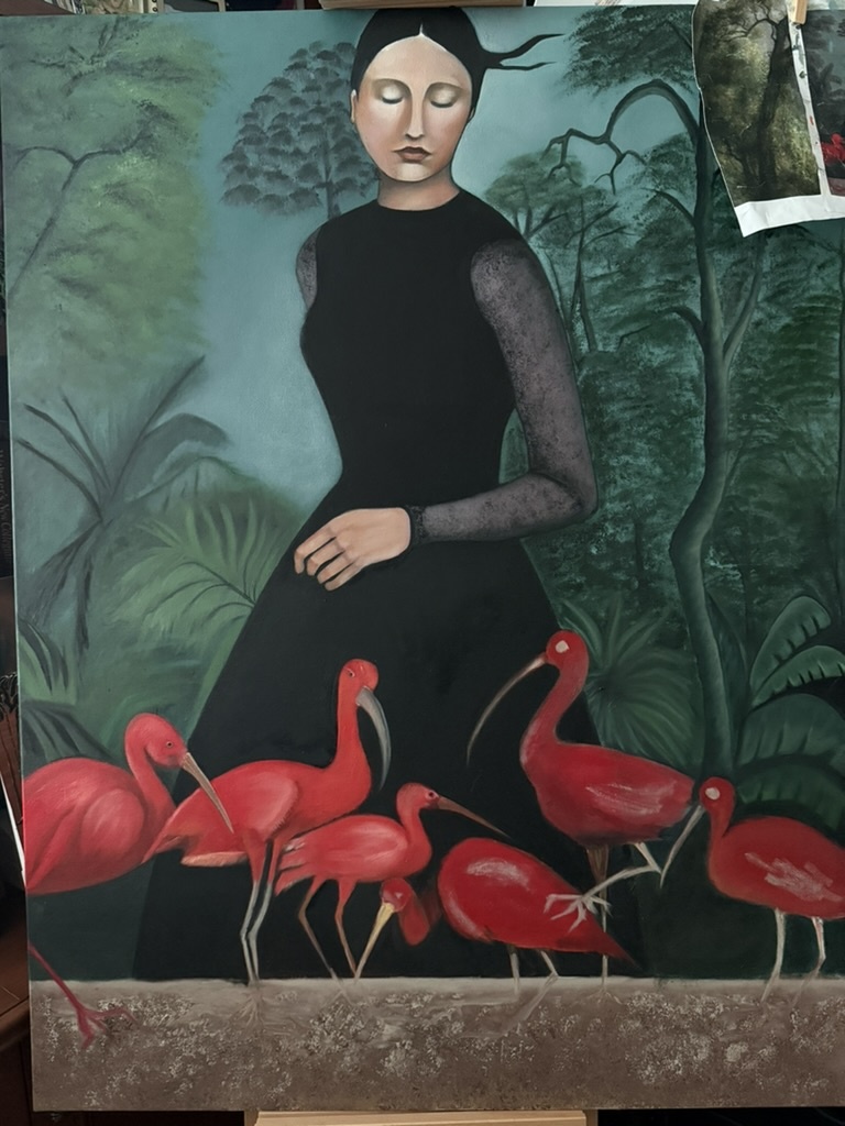 The Ibis Garden — oil painting of a woman in black among scarlet ibises